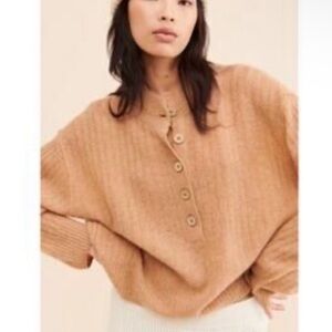Free People Camel Buttoned Cowl Neck Sweater